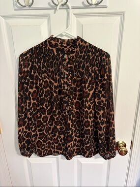 J. Crew Leopard Smocked Yoke Blouse - Brown & Black
